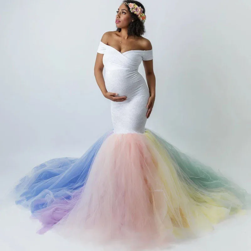 Новинка 2020 сексуальное кружевное платье для беременных без Плеч Радужное