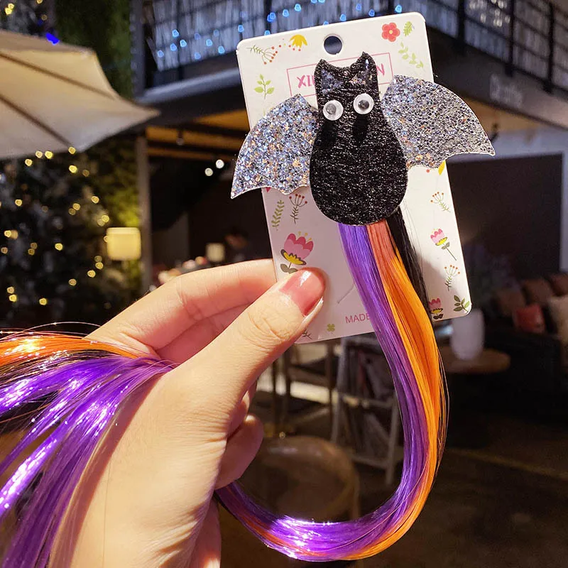 

New Colorful Wig Costume Elastic Hair Band For Girls Bat Ghost Pumpkin Hair Clips Ponytail Hairpins Kids Headwear Halloween Gift