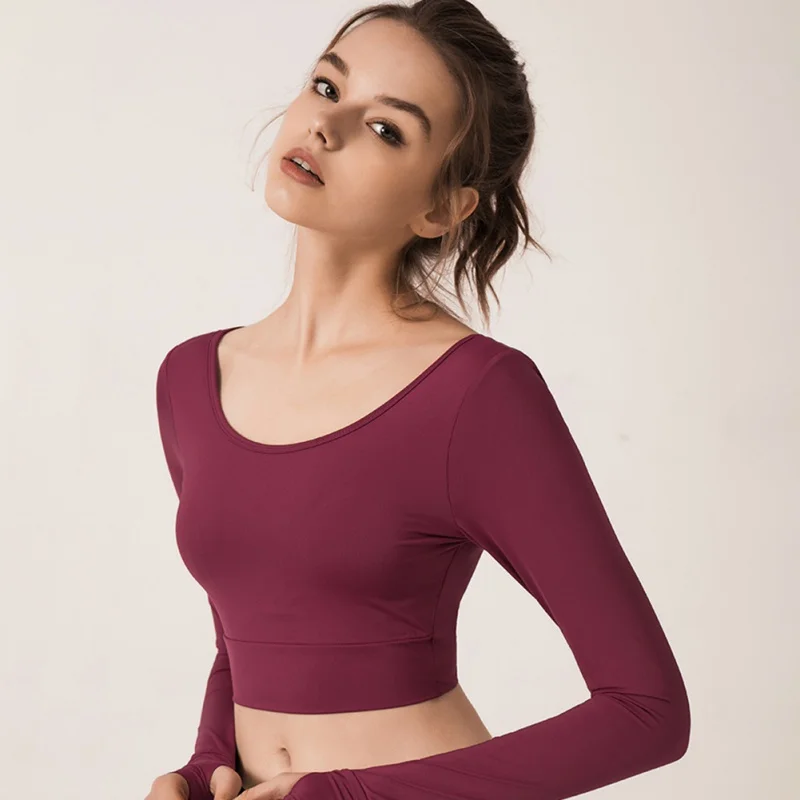 

Women Running Fitness Clothes Yoga Long-sleeved T-shirt with Chest Pad Women's Cross Beauty Back Sports Top Clothes