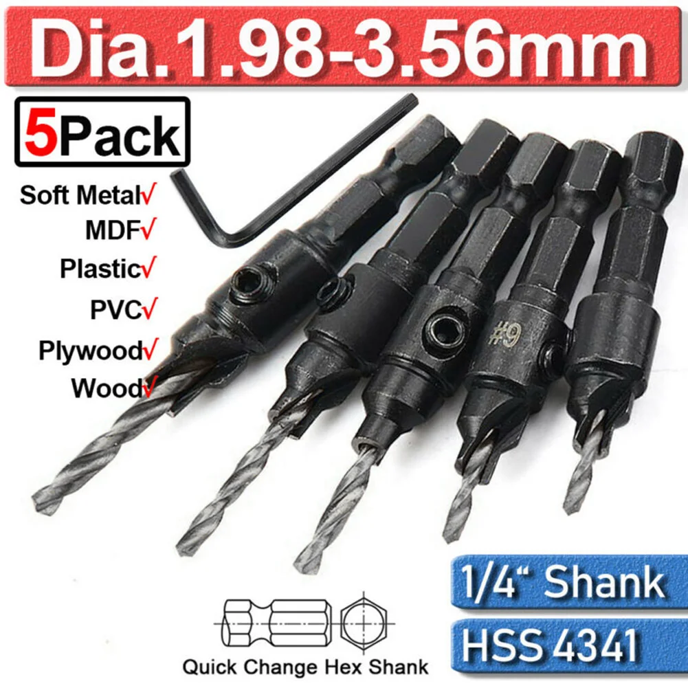 

6Pcs Countersink Drill Bit Set 1/4'' Hex Shank HSS Woodworking Pilot Screw Holes