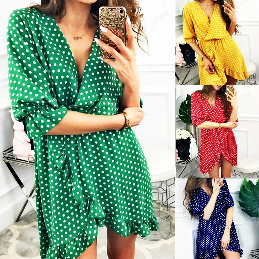 2019 Short Women Dress Ruffles Print Polka Dot Sexy Bodycon Beach Female Half Sleeve Summer Party Mini Dresses Vestidos | Женская одежда