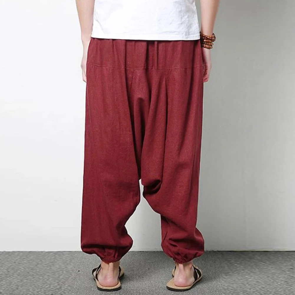 

2021 New Men's Cotton Linen Loose Pants Harem Trousers Wide-Leg Pants Summer Casual Solid Color Pants trousers with Pockets