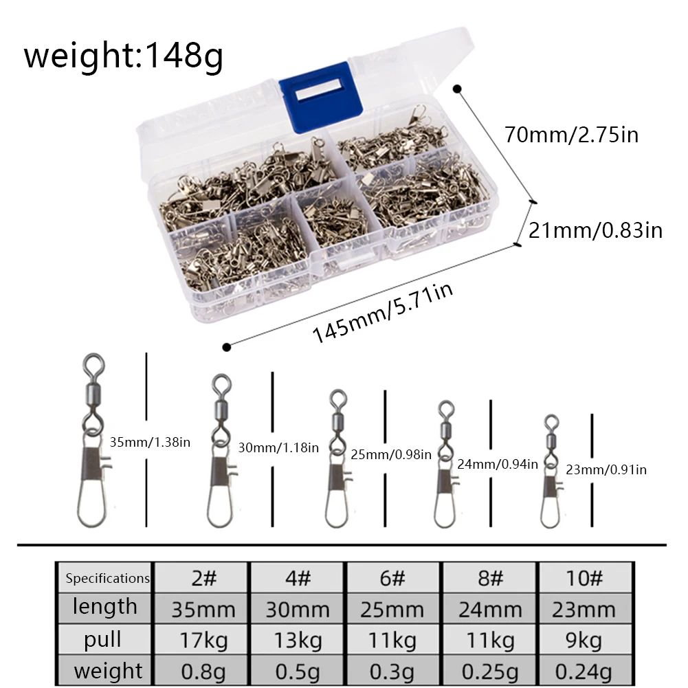 

300Pcs Boxed Snaps Swivels Ball Bearing Multifunction Silver Portable Fishing Connector Accessories Kit Set for Outdoor Fishing