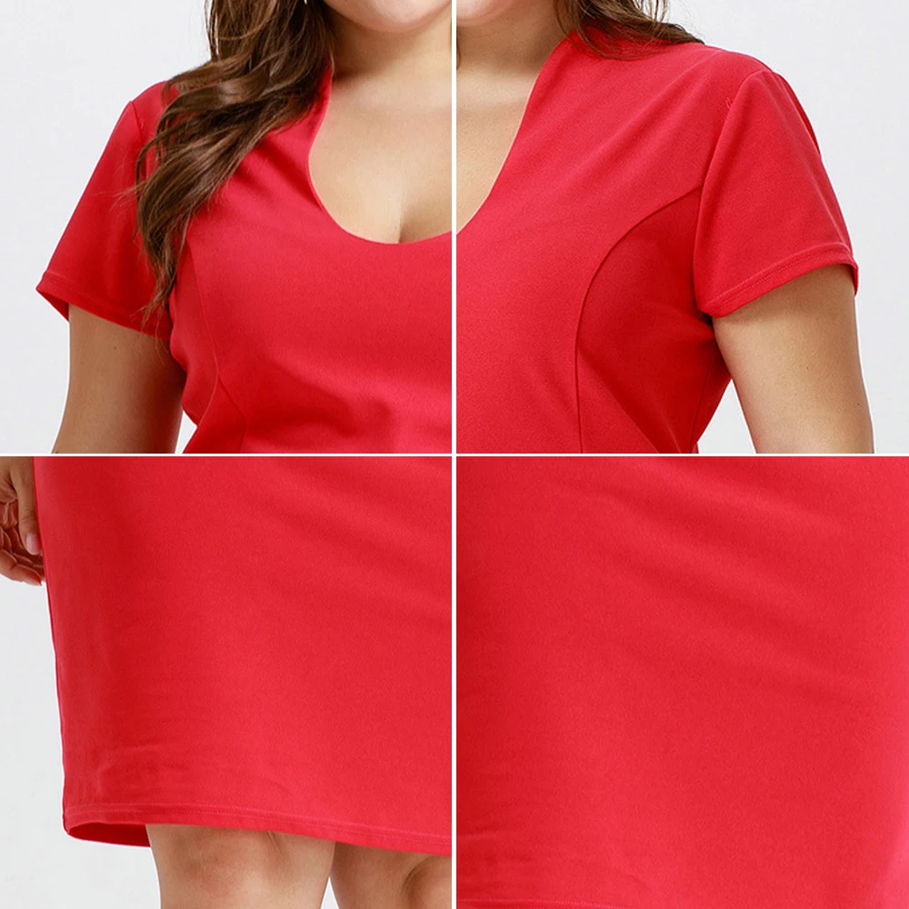 

Summer 2021 Plus Size Dress Fashion Sexy Slim OL Style Short Sleeve Red Vestidos Office Elegant Dress Retro Women's Knee Dress