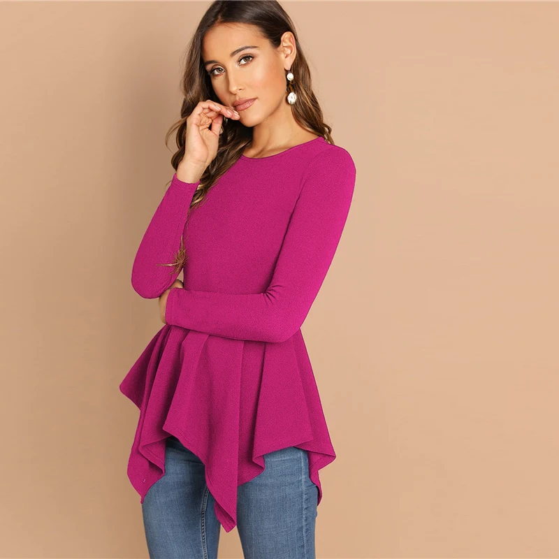 SHEIN Однотонный Топ С Асимметричным Низом И Молнией Женская Черная Классическая Блузка С Длинными Рукавами