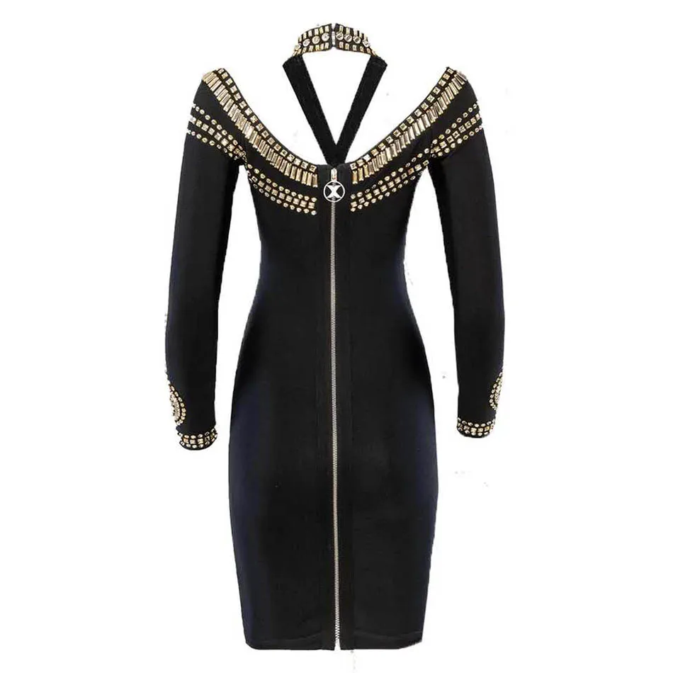 

2021 Summer Women's New Black Bandage Dress Sexy Backless Long Sleeve Beaded Mini Vestidos Celebrity Party Dress
