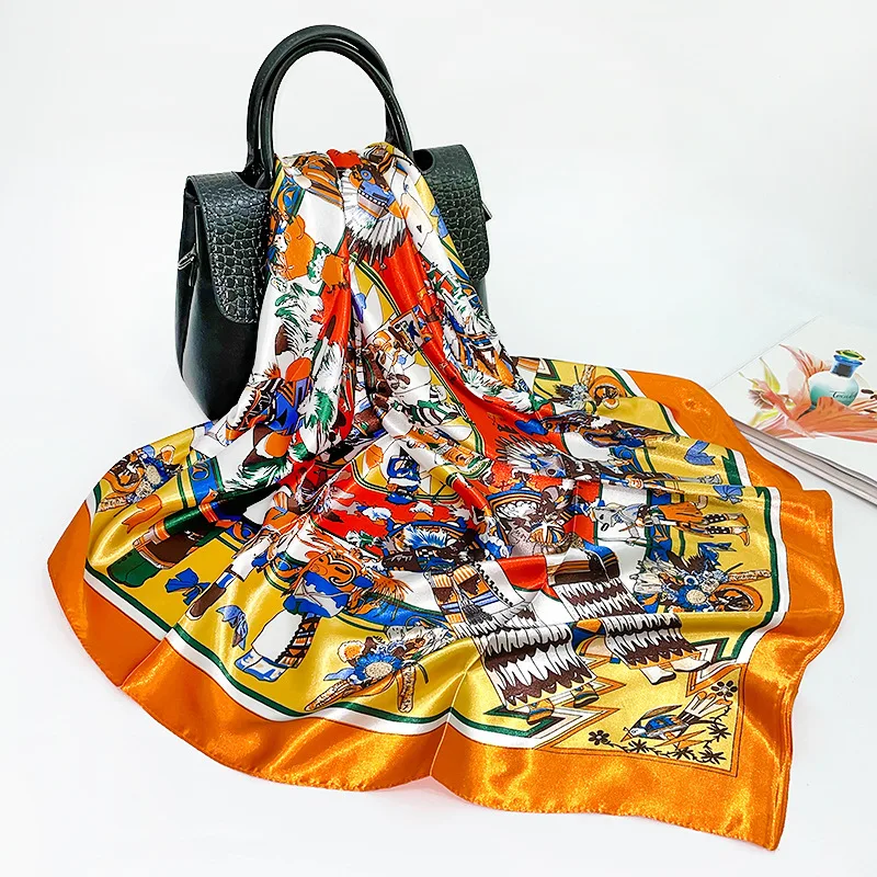 

Luxury Fashion Square Scarf Women Aztec Ethnic Tribal Style Human Print Shawl Hijab Imitate Silk Kerchief Bandana 90*90cm