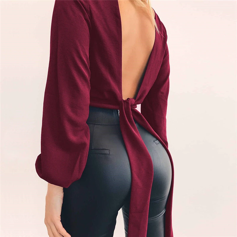 

2021 New Crop Top Cross Bow Sexy Short T Shirt Women's V Neck Open Back Backless T-Shirt Tops Long Sleeve Casual Tee Shirt Tops