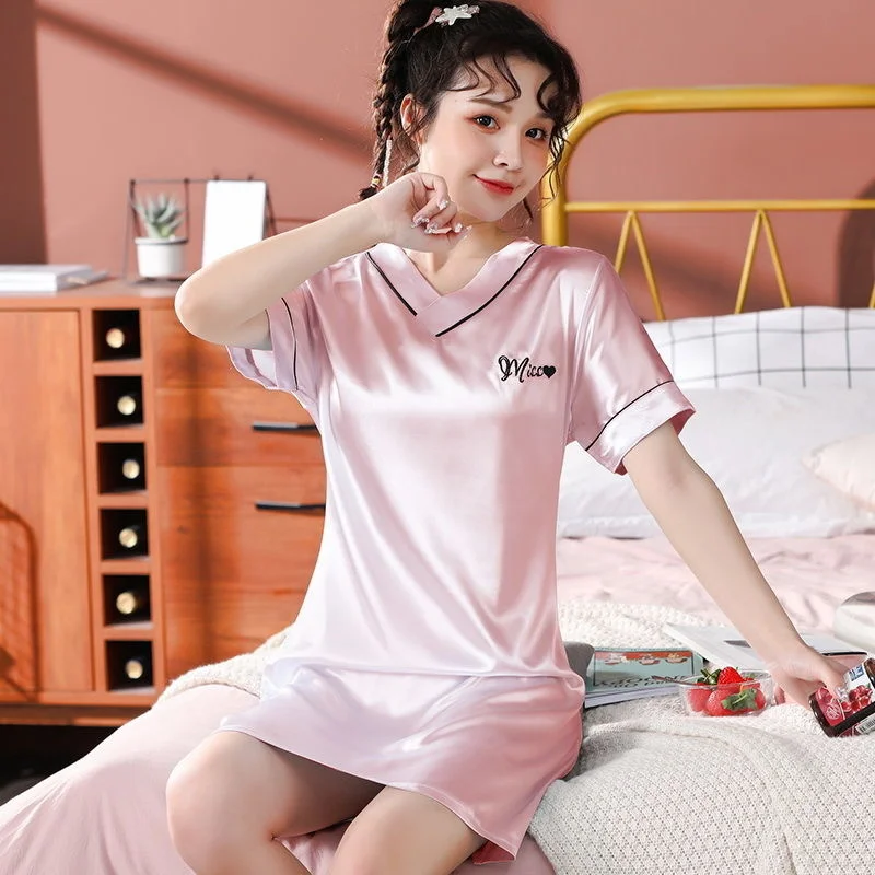

Pajamas women's summer suit ice silk nightdress sexy charming simple V-neck thin silk women's home wear