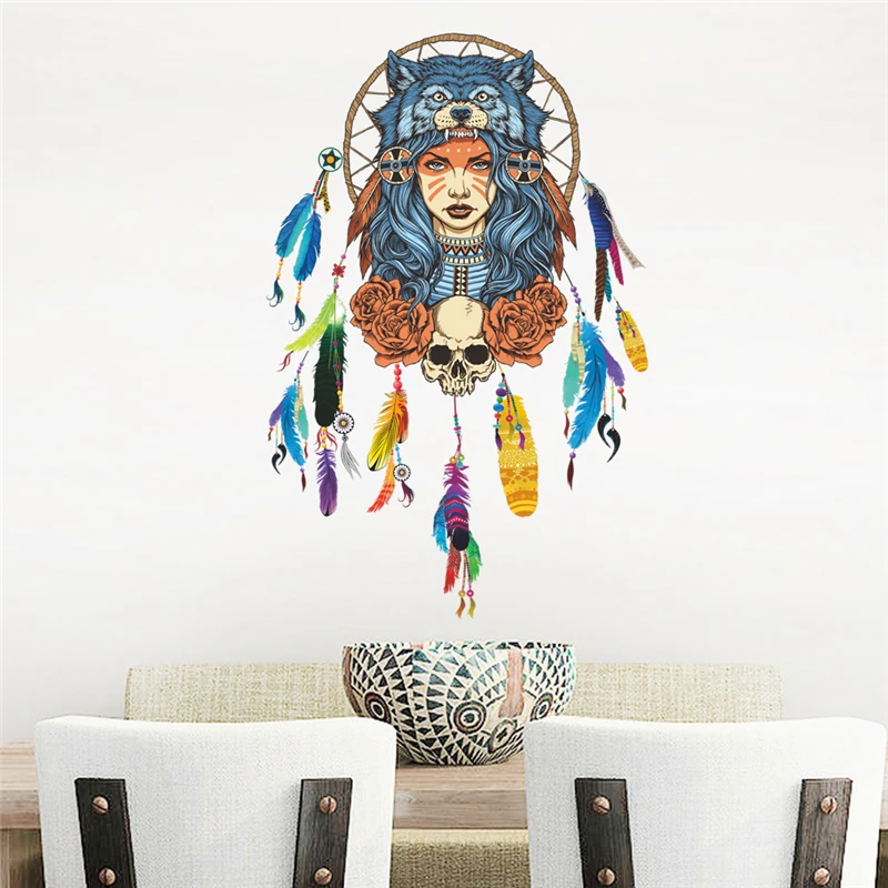 

Tribe Girl Portrait With Feathers Wall Stickers For Shop Office Home Decoration Indian Style Dream Catcher Skull Wall Mural Art
