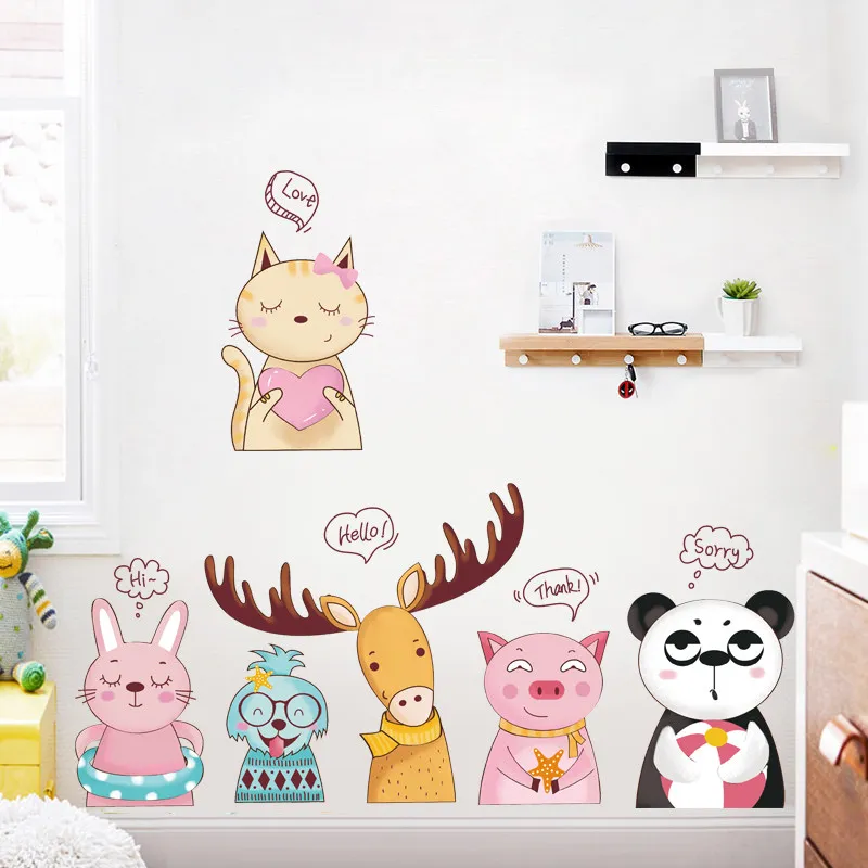Kawaii наклейки на стену с изображением животных лося панды кошки прикроватные для
