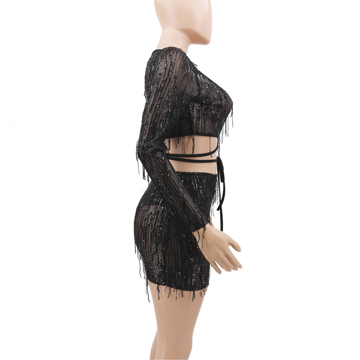 Сетчатое платье с блестками и кисточками женское длинным рукавом глубокий