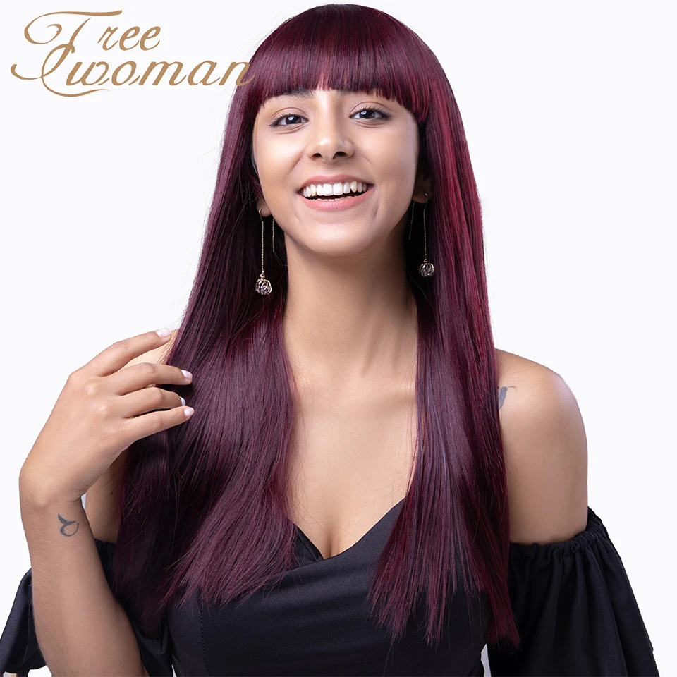 FREEWOMAN длинные прямые волосы с челкой синтетические винно-красные парики