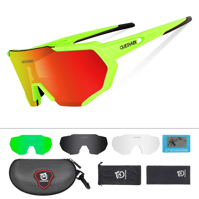4 Lens Green Red QUESHARK, дизайн, очки для велоспорта для мужчин и женщин,, полностью покрытые линзы, UV400, поляризационные, 3 или 4 линзы, всего - Цвет: 4 Lens Green Red