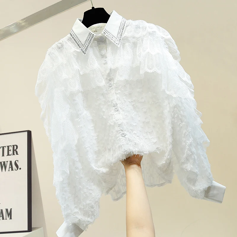 2020 Black Women Shirt Beading Collar Office Lady Daily Tops Spring Lace Patched Tassels White Blouse Women