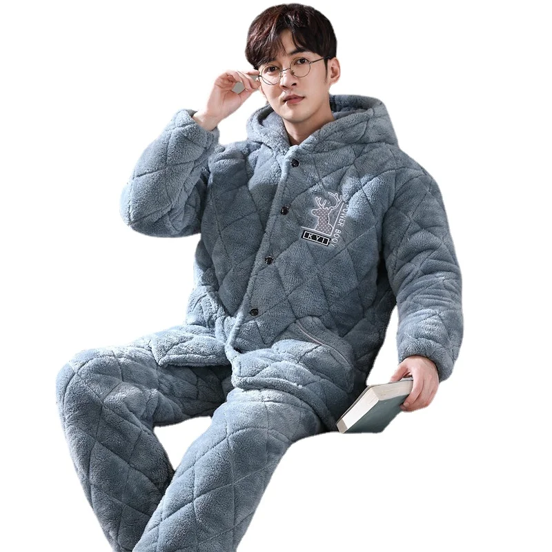 

Зимняя мужская повседневная Толстая теплая Пижама, комплект, фланелевая длинная одежда для сна, однотонная одежда для сна, домашняя одежда, ...