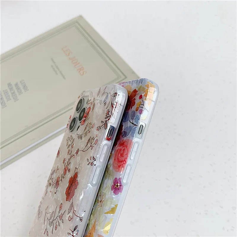 

Glossy Flower Conch Phone Case For iphone 12 Mini 11 Pro XS Max X 7 8 Plus XR SE 2020 Floral Shockproof Silicone Soft Back Cover