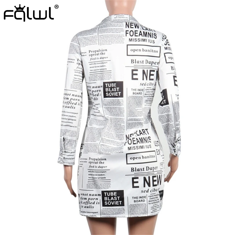 FQLWL Newspaper Letter Printed Long Blouse Shirt Women Tops Sleeve Loose Female Blusas Autumn Sexy Club Ladies | Женская одежда