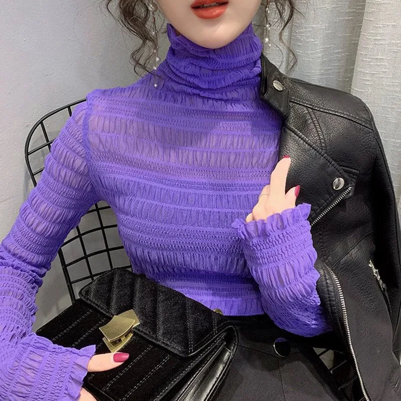 

POPOLLE Plush High Neck Lace Bottoming Shirt Women Long-sleeved Net Yarn Autumn New Slim Small Shirt All-match T-shirt
