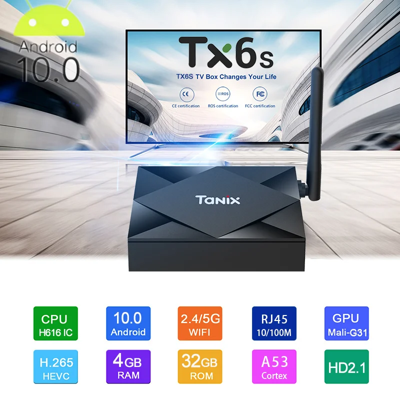 Смарт ТВ бокс Android 10 Tanix Tx6s 4 Гб 64 Allwinner H616 четырехъядерный 8k 2 4G 5G Wifi BT4.0 Youtube Netflix TV