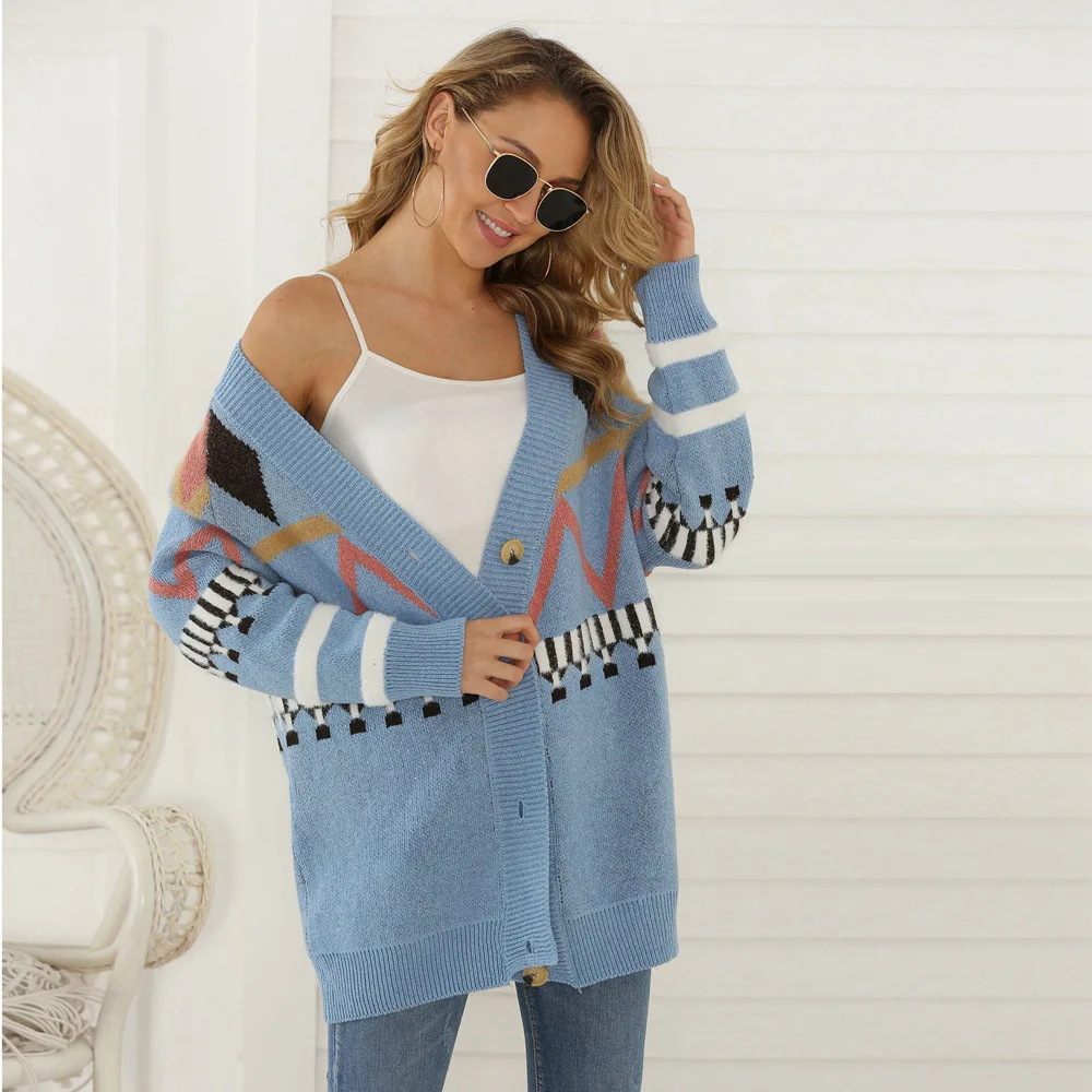 

2019 Contrast Color Women Sweaters Coat Ladies V Neck Single Breasted Casual Knitted Cardigans Women Winter Loose Knitwear Coat