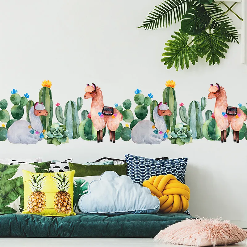 

Cartoon Cactus Alpaca Baseboard Wall Stickers For Living room Bedroom Wall Decor Removable PVC Wall Decals Home Decor Art Murals