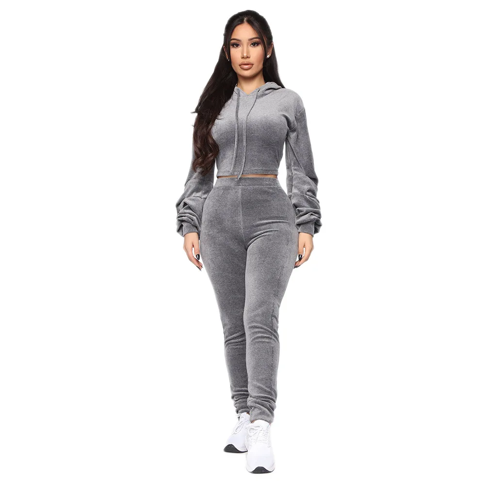 

Осенне-зимний комплект из двух предметов, Женский бархатный свитер с капюшоном, укороченный топ и штаны, спортивный костюм, спортивный кост...