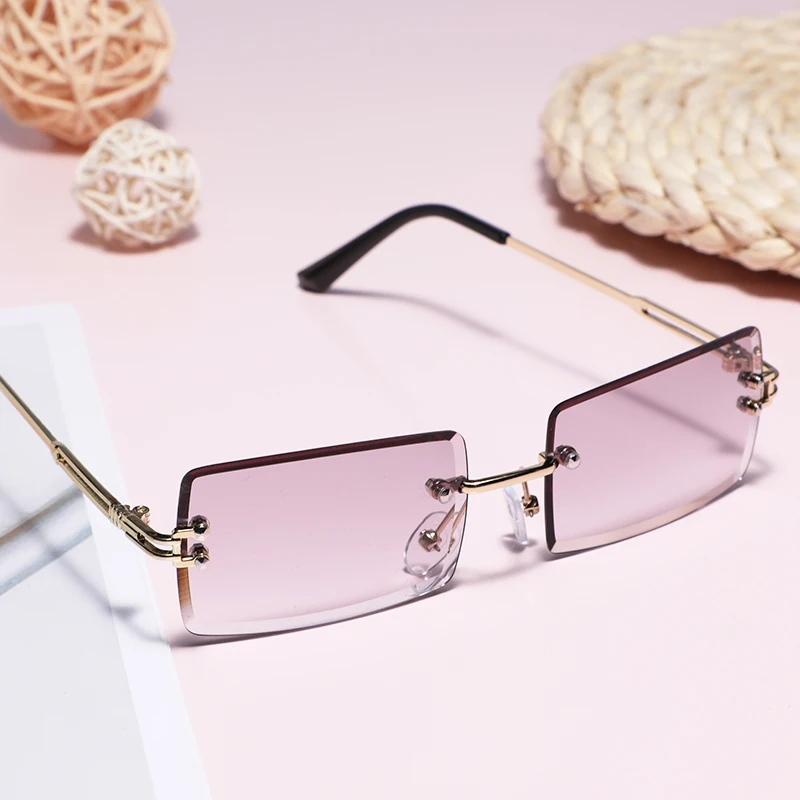 

Fashion Rimless Sunglasses Women 2021 TOP QUALITY Trendy Small Rectangle Sun Glasses Summer Style UV Gold Brown Shades For Men