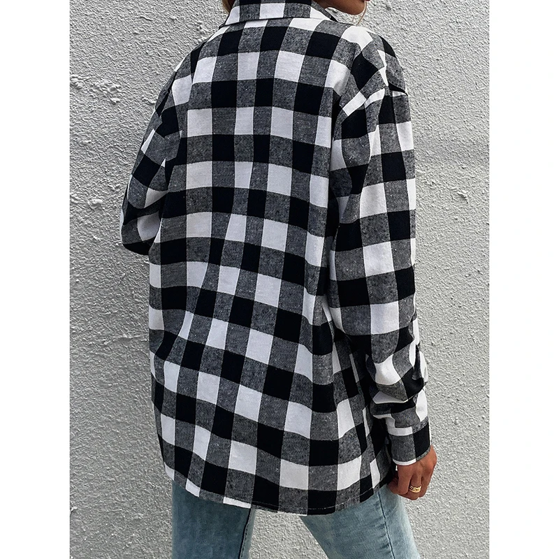 

Black White Plaid Cardigan Blouse Women Long Sleeve Casual Loose Button Spring Autumn Pocket New Top Shirt Harajuku 2021 SJ8164M