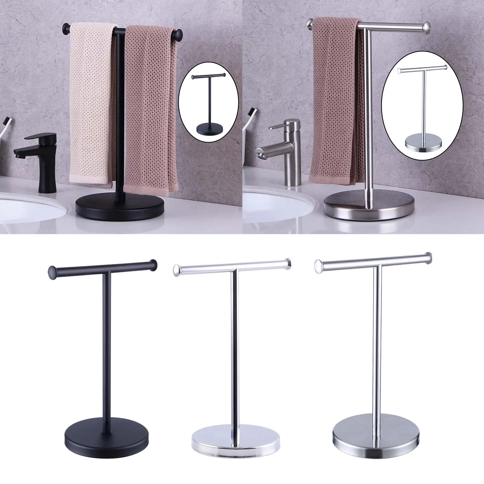 

Towel Rack T Shape Dual Washcloth Display Standing Movable Accessories Stainless Steel Towel Holder Stand for Home Countertop
