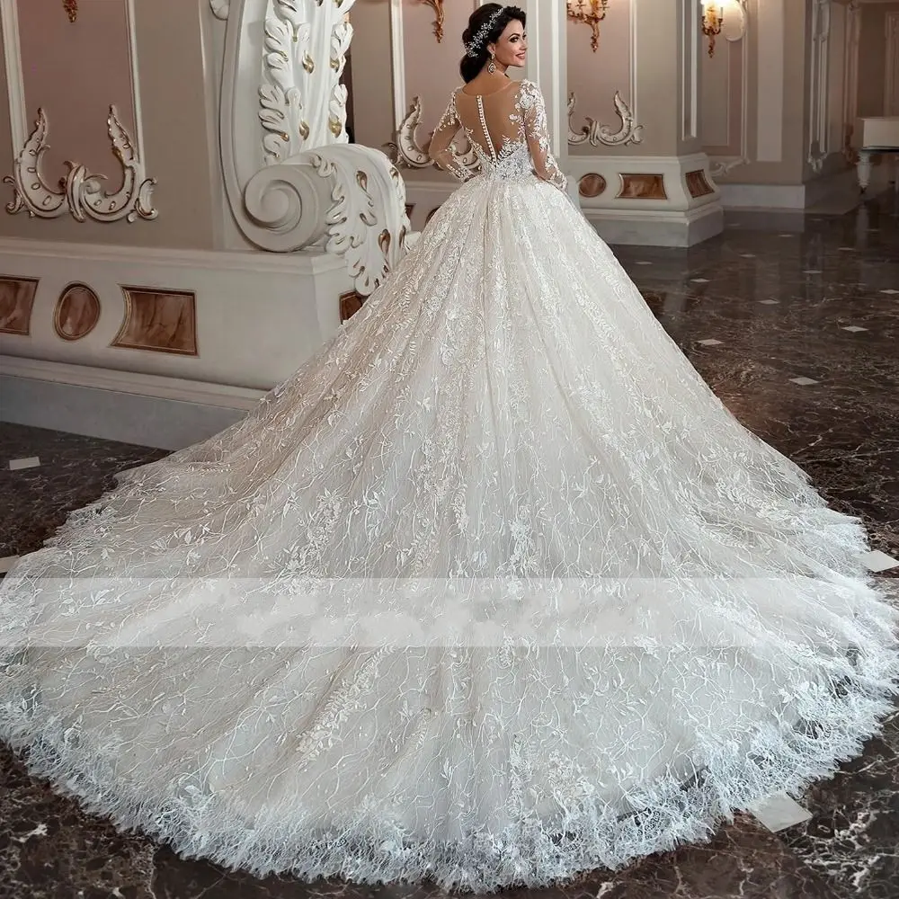 Robe De Mariee Роскошные Аппликации Кружева бальное платье свадебное платье сексуальное глубокое круглое декольте с длинными рукавами платье для невесты принцессы