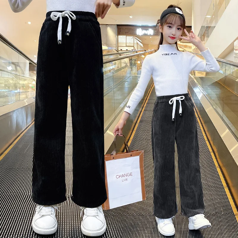 

Весенние Свободные повседневные брюки для девочек с высокой талией, Осенние плотные вельветовые широкие теплые брюки с бархатной подкладк...
