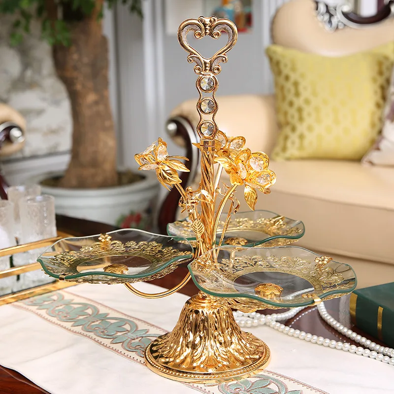 

Living room household fruit plate European light luxury retro tempered glass multi-layer portable iron snack candy plate