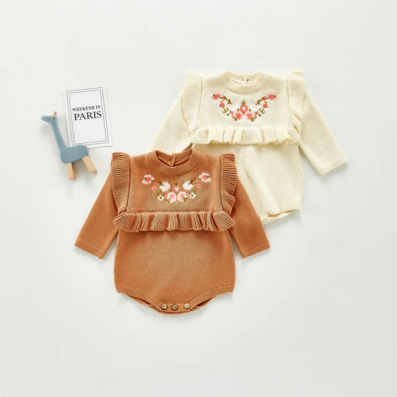 

Baby Girl Clothes Spring and Autumn Baby Bodysuit Girls Knitted Embroidery Sweater Infant Jumpsuits Toddler Girls Onesie Outfits