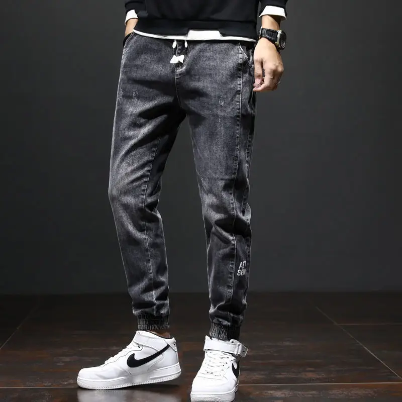Elastic Waist Patchwork Jeans Men's Straight Denim Korean Fashion Clothing Letter Print Loose Casual Harem Pants Black Jeans Men