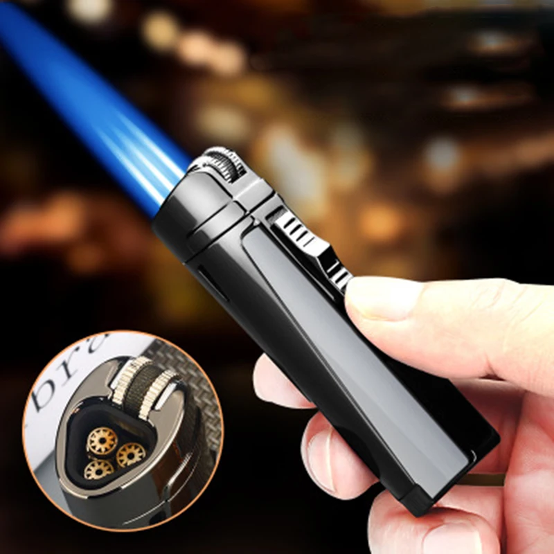 

Men Outdoor Torch three Jet Gas Cigar Lighter Turbo Windproof Powerful Metal Spray Gun Kitchen Pipe Flint Unusual Lighter