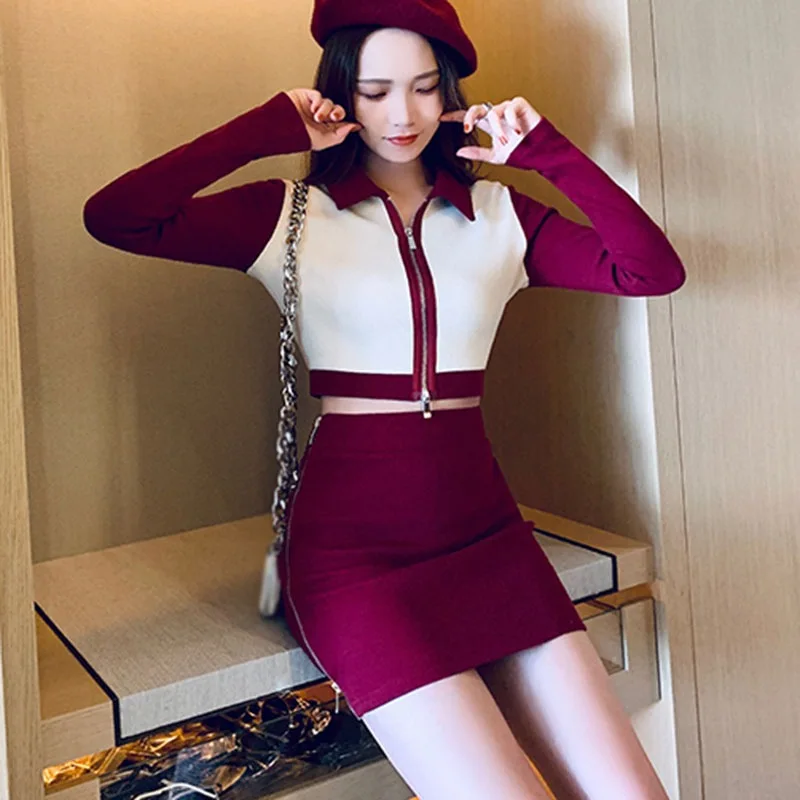 

Women's Zipper Long Sleeve Expose Navel Top Sexy Slim Skirt 2021