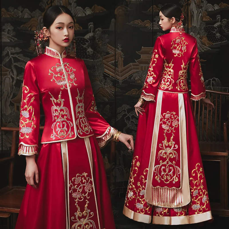

Female New Wedding Dress Chinese Style Marriage Set Oriental Cheongsam High Quality Embroidery Bride Costume Toast Clothing