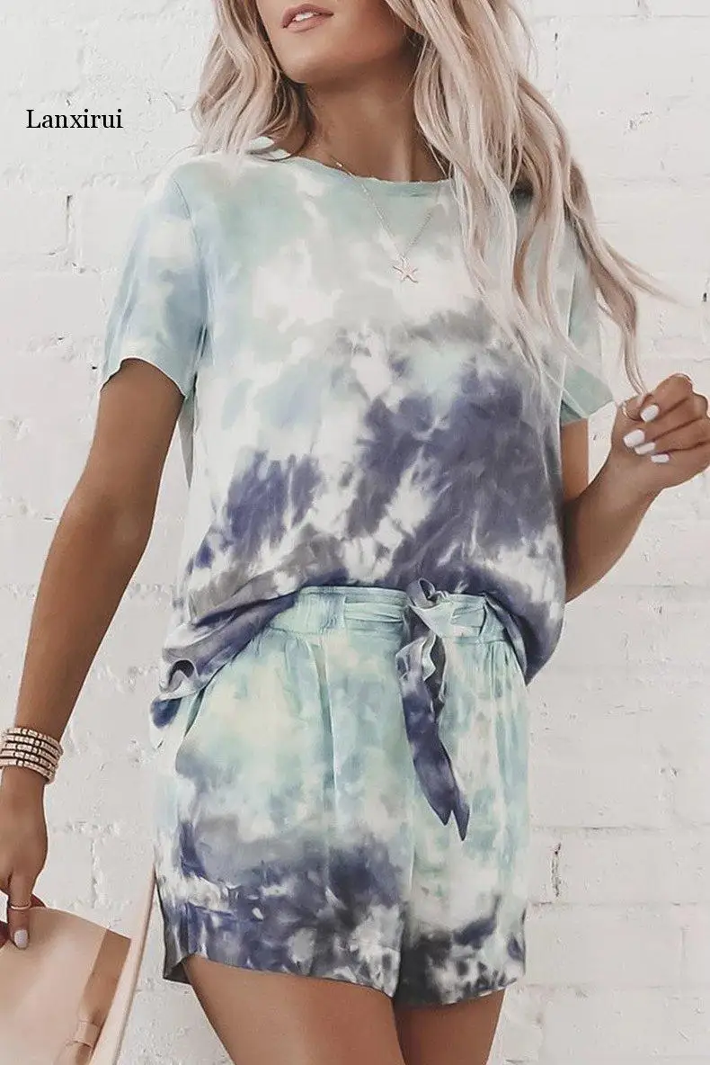 

Women Homewear Short Pajamas 2 Pieces Tie-dye Sleep Wear Loungewear Loose Casual Home Clothes