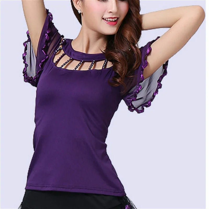 Women Latin Dance Blouse T-shirt Top Ballroom Dancewear Salsa Tango Diamond Flare Sleeve Practice 904-B135 | Женская одежда