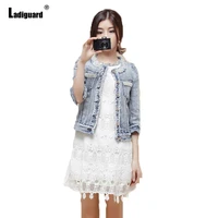 ladiguard 2021 single breasted top women ruched demin jackets long sleeve slim jean outerwear sexy pearls beading denim jacket