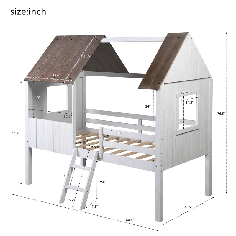 

Twin Size Bed Low Loft Wood House Bed Antique White Bed For Bedroom With Two Side Windows For Kids