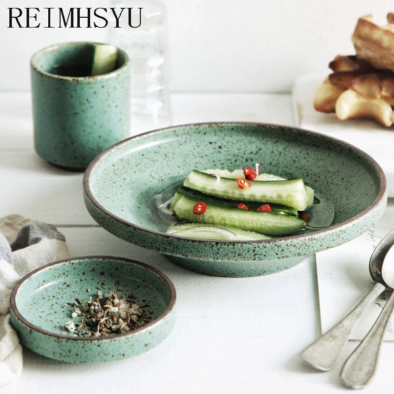 

1PC RELMHSYU Japanese Style Retro Ceramic Handmade Steak Soup Dinner Plates Rice Bowl Tea Cup Dishes And Plates Sets Tableware