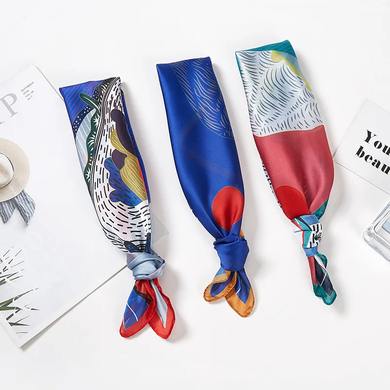 Синий Шелковый шарф с принтом в китайском стиле 53x53см Квадратный маленький для