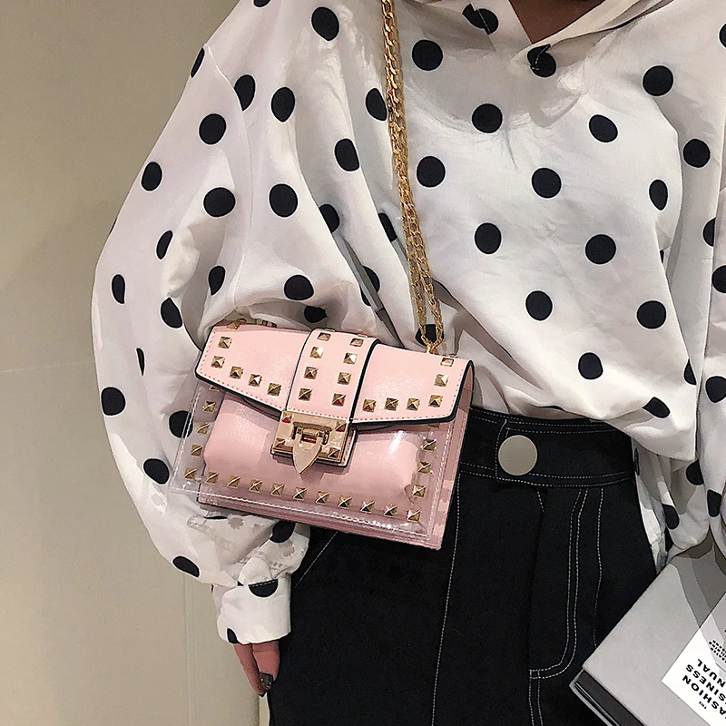 PINK A Новые женские сумки с цепочками и заклепками, маленькие белые, черные, розовые, желтые, синие, застежка из ПВХ, летние мягкие сумки через плечо - Цвет: PINK A