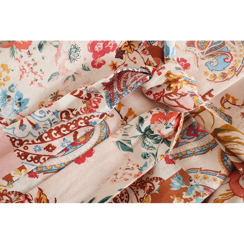 

Za Women Blouse Vintage Tropical Floral Print Long Kimono Smock Blouse Femme Belt Wrap Top Streetwear Loose Chic Tops