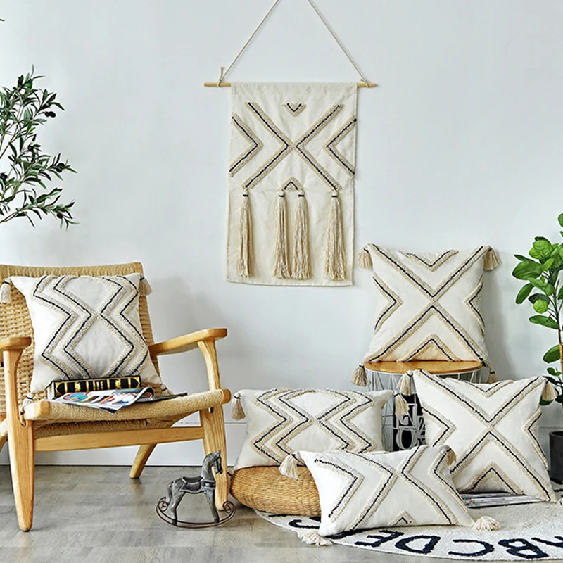 

Embroidered Cushion Cover 45x45cm/30x50cm Woven Pillow Cover Boho Style Tassles for Home Decoration Sofa Living Room Bedroom
