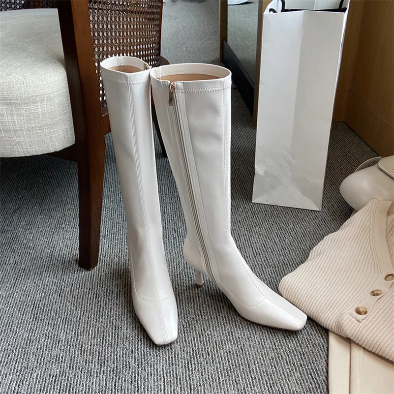

ANNYMOLI Knee High Boots Women Shoes Zipper High Heel Ladies Long Boots Square Toe Stiletto Heels Stretch Boots Autumn Winter 40