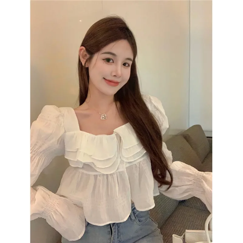 

Женская короткая рубашка с рюшами, повседневная приталенная рубашка с пышными рукавами, в Корейском стиле, весна-осень 2021