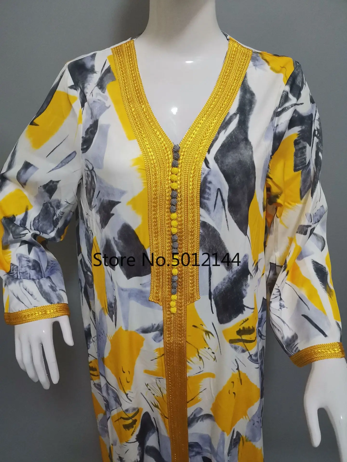 Dubai Fashion Printed Maxi Dress Abaya Muslim Women Loose Style Braid Trimmed Long Sleeve Morroco Kaftan Islam Clothes